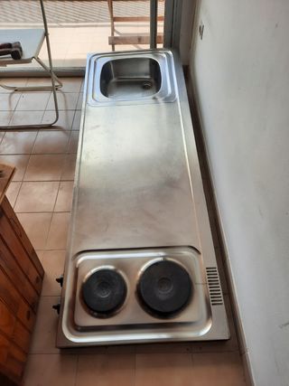 Encimera acero inox. 2 fuegos + fregadero y grifo