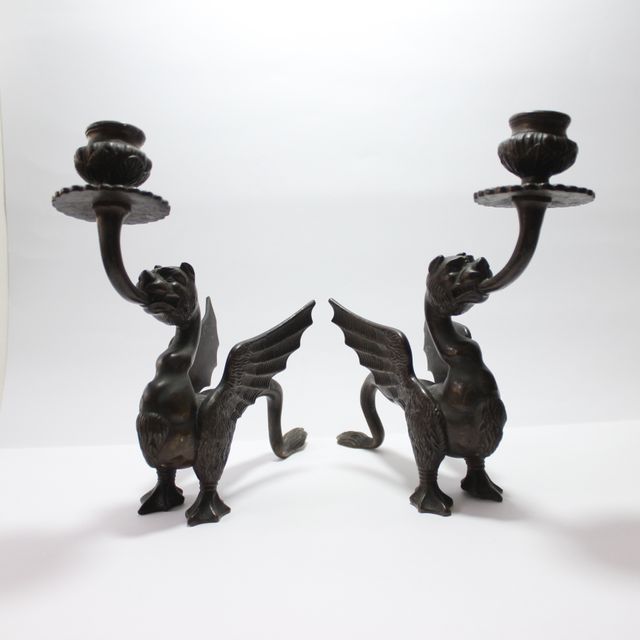 Coppia di Candelieri Zoomorfi Draghi Bronzo XIX