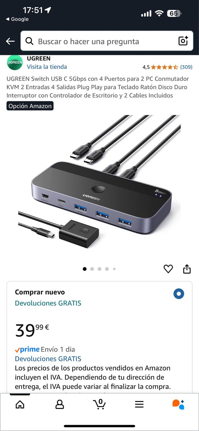 UGREEN Switch USB-C 5Gbps - 4 puertos