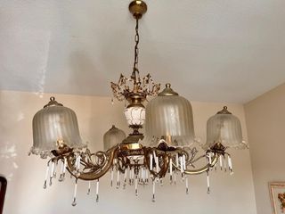 Lampara antigua bronce, cristal y porcelana