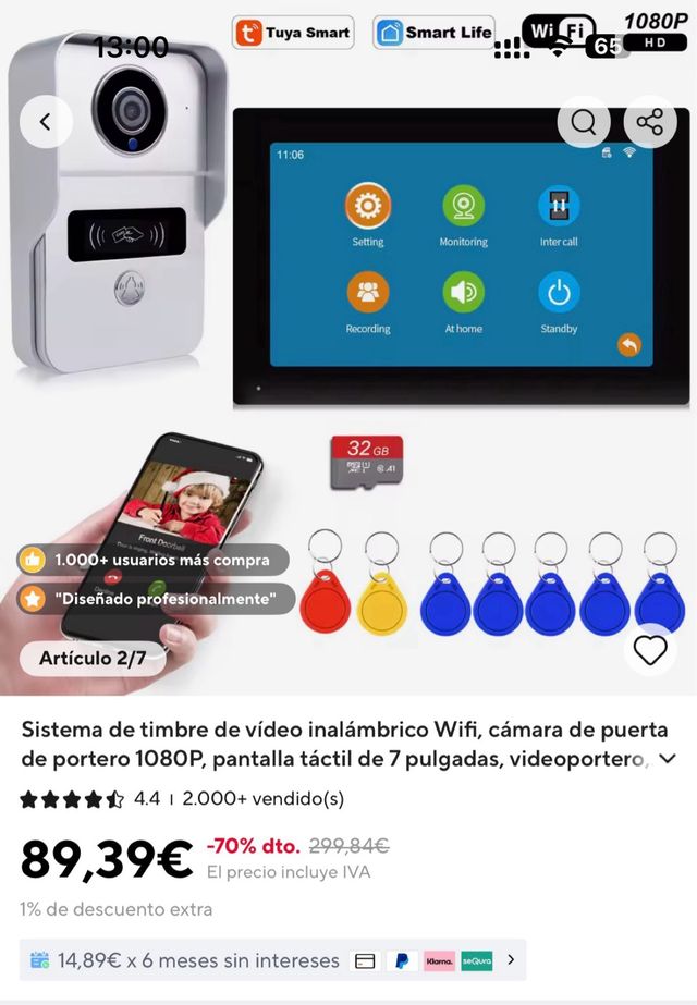 Videoportero Wifi 7" 1080p Tuya Smart