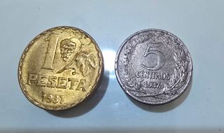 Monedas España 1937: 1 peseta + 5 céntimos