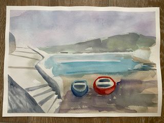 Acuarela original: paisaje ibicenco con barcas