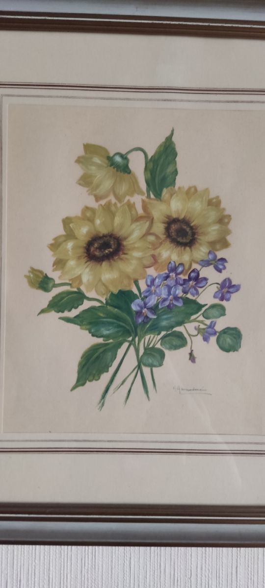 Cuadro con girasoles y violetas