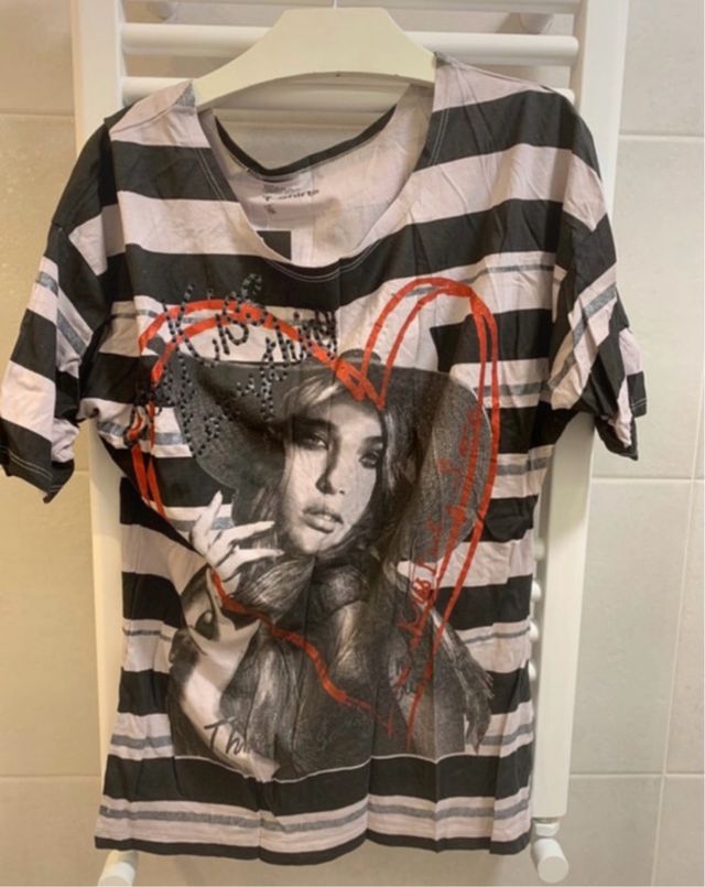 Camiseta rayas negra rosa talla S