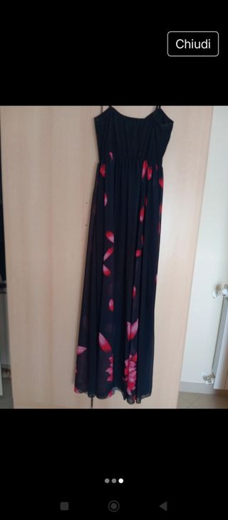 Vestito lungo nero fiori rosa