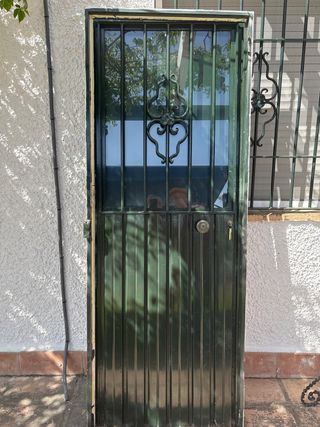 Puerta metálica verde con cristal