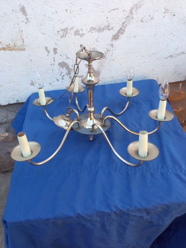 Lampara antigua 6 brazos alpaca.