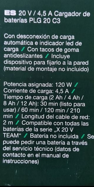 Cargador Parkside 20V 4,5A PLG 20 C3