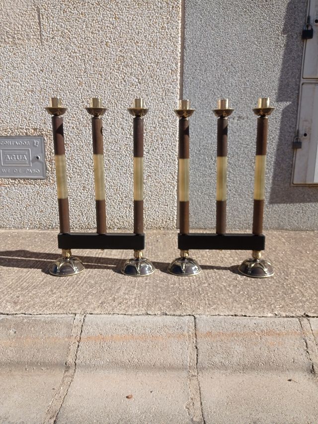 2Candelabros latón pulido en cuero