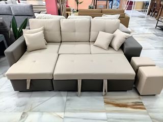 Sofá cama chaise longue beige + 2 pufs + arcon