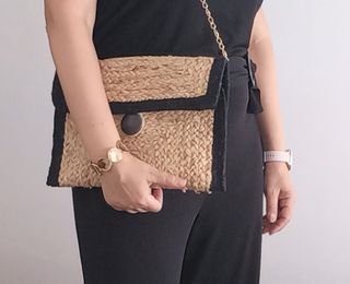 Bolso rafia negro y beige