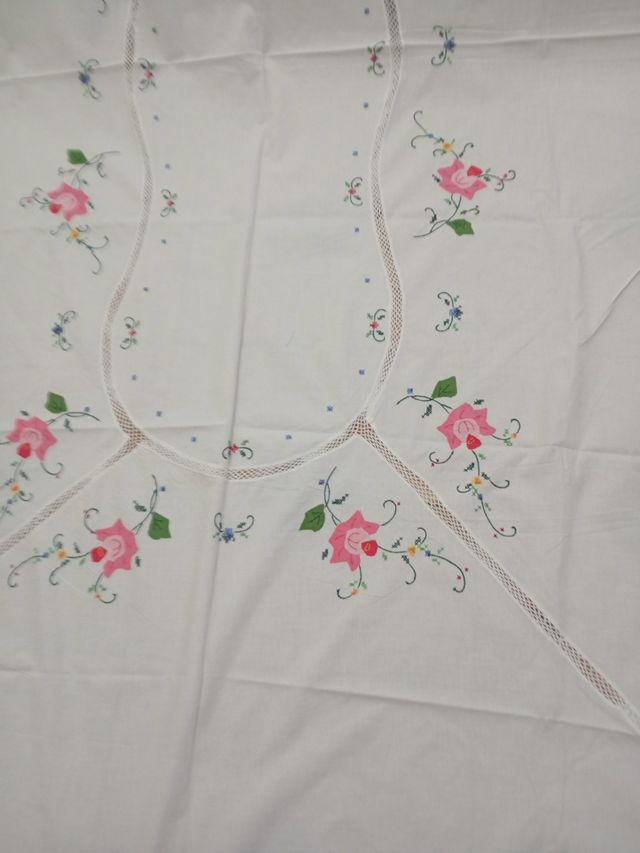Mantel algodón bordado - Rosa y blanco