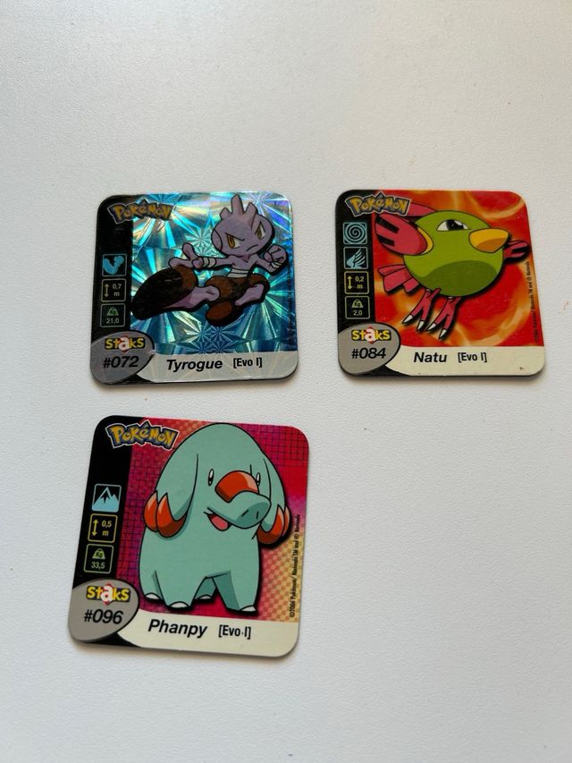 3 Chapas Pokemon Staks Tyrogue, Natu, Phanpy