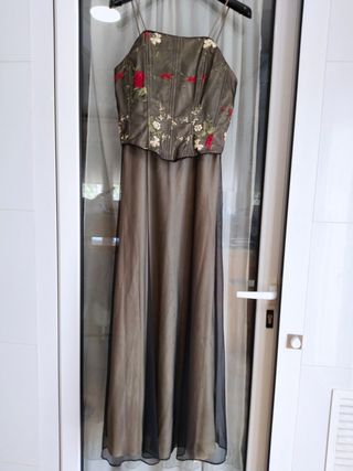 Vestido fiesta negro y verde oliva