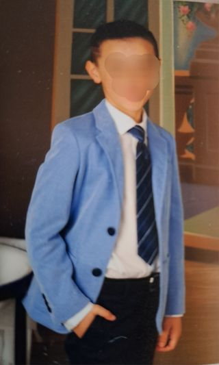 Traje niño primera comunion. piqué blanco/azul