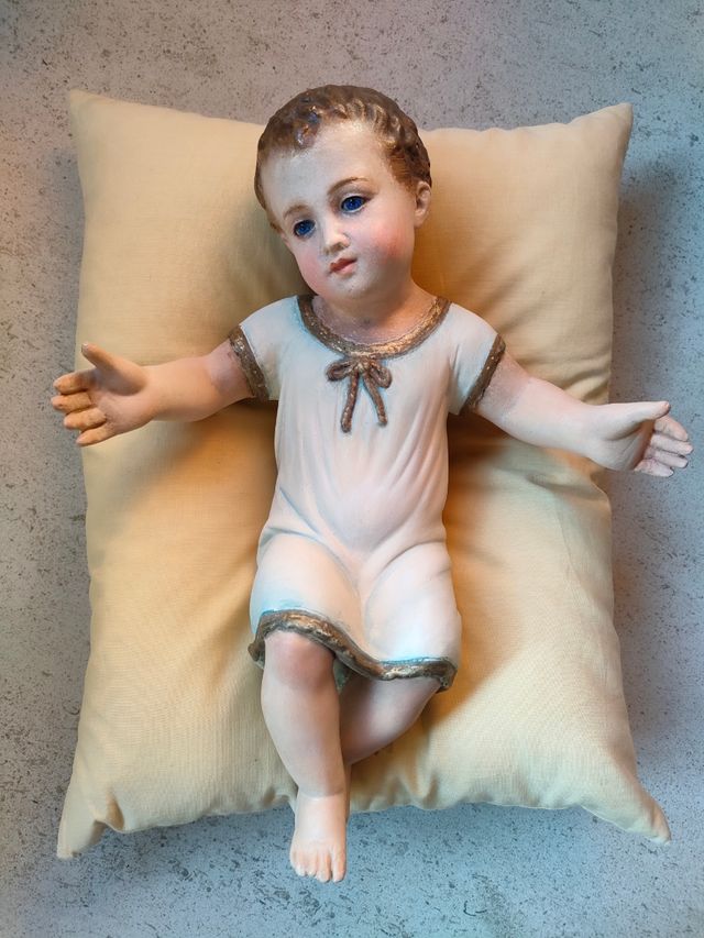Antico Gesù Bambino in gesso, occhi vetro 31 cm