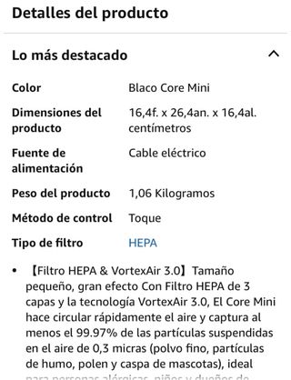 Purificador Aire Levoit Core Mini HEPA