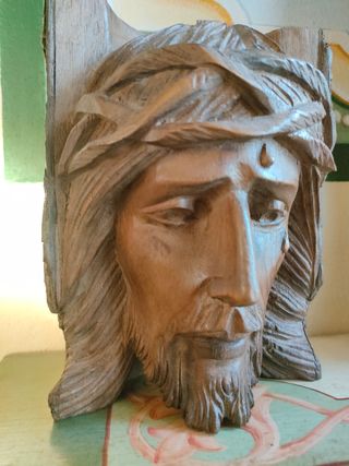 Volto Gesù in legno intagliato a mano vintage