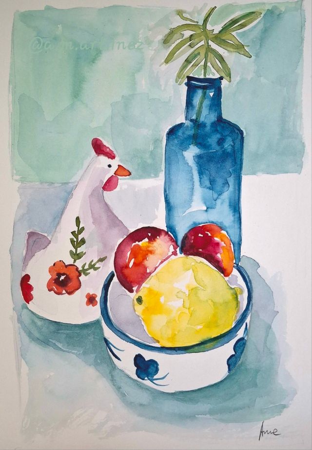 Bodegón acuarela: Frutas & Gallina