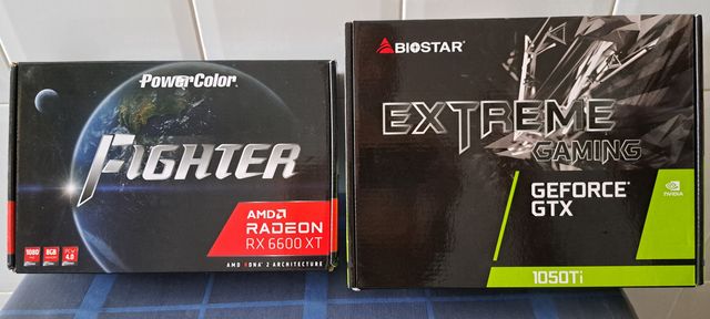 Caixas de placas gráficas RX 6600 XT e GTX 1050Ti