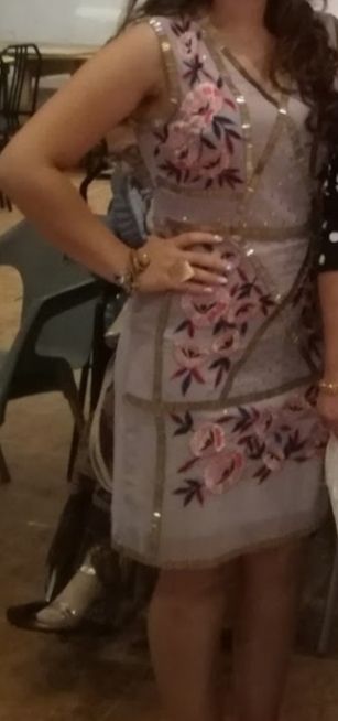 Vestido fiesta beige y rosa