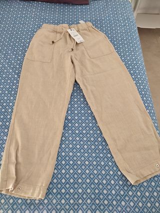 Pantalón Lino Beige Zara