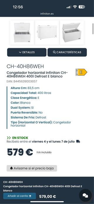 Congelador horizontal Infiniton CH-40H86WEH
