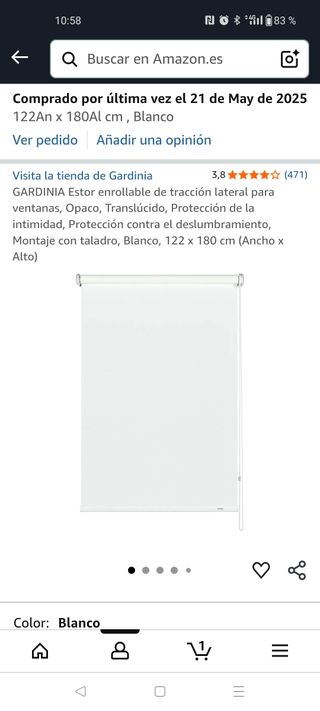 Estor Enrollable Gardinia 122x180cm Blanco nuevo