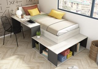 Cama juvenil con escritorio - blanca y azul