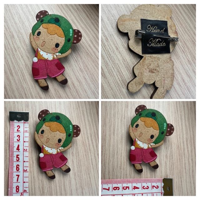 Broche niña madera - Verde, Rosa