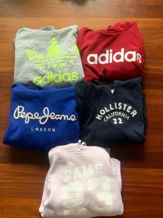 5 sudaderas (Adidas, Hollister, Rams, Pepe Jeans)