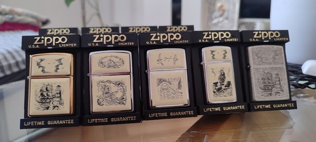 5 Accendini Zippo incisi a tema marino Scrimshaw