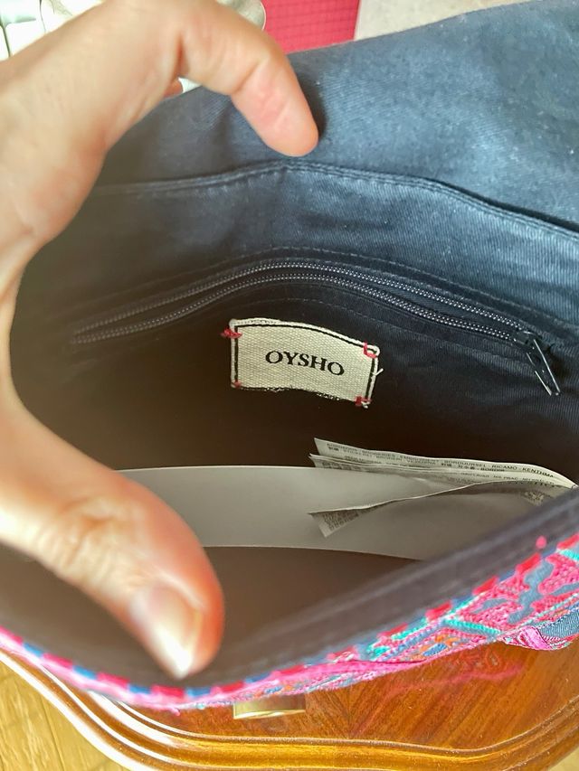 Bolso mano bordado - azul marino, rosa