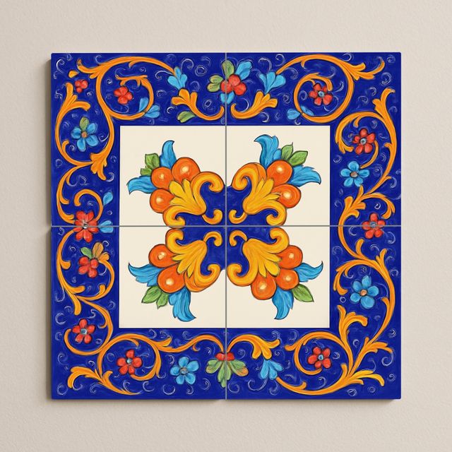 Mural de Azulejos cerámico floral azul y naranja