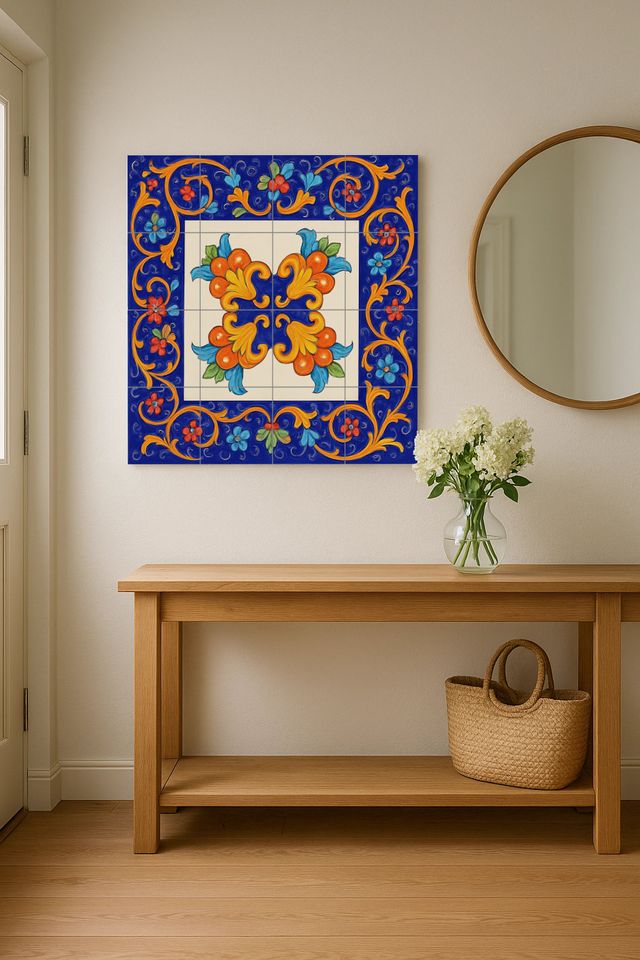Mural de Azulejos cerámico floral azul y naranja
