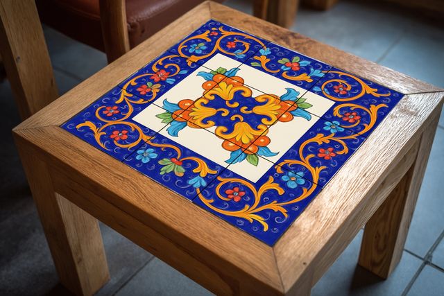 Mural de Azulejos cerámico floral azul y naranja