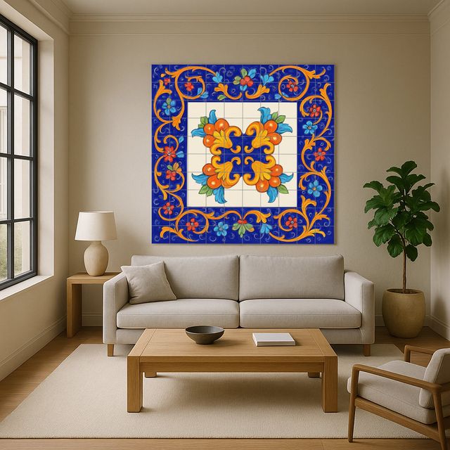 Mural de Azulejos cerámico floral azul y naranja