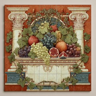Mural cerámico frutas y columnas romanas clásicas