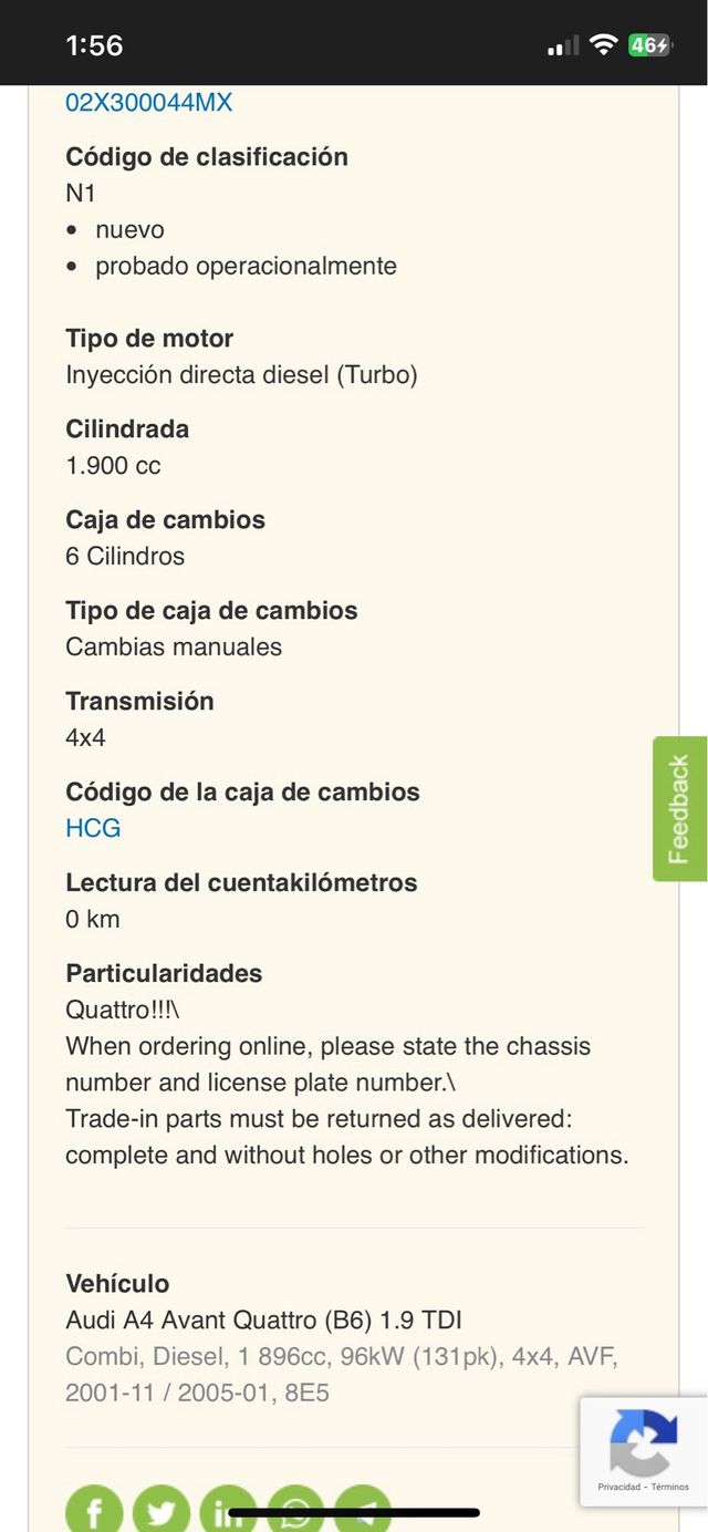 Caja cambios Audi A4  b6 b7 
1.9 TDI Quattro 6v