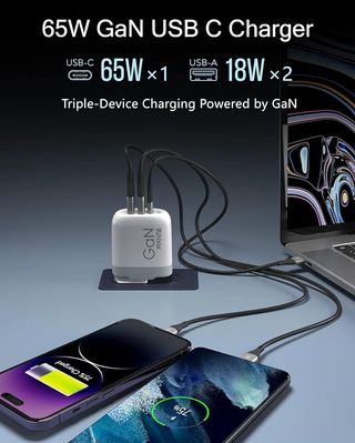 MANTO Cargador 65W 3 en 1 USB-C Enchufes US UK EU