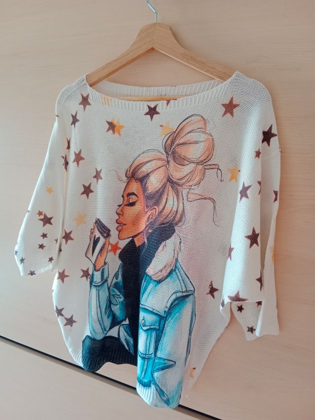 Jersey manga 3/4 blanco con estrellas