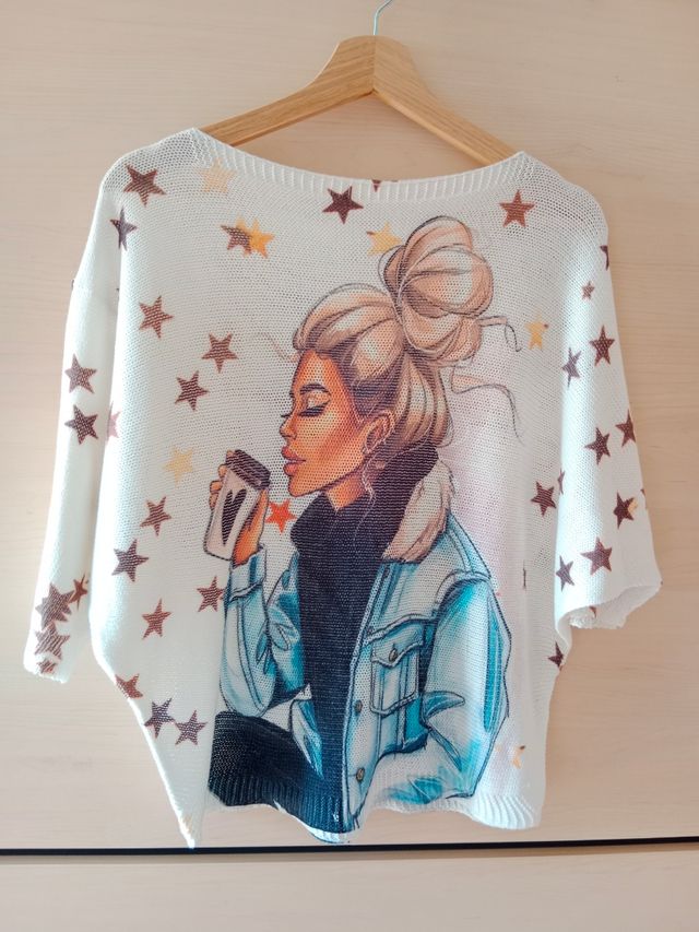 Jersey manga 3/4 blanco con estrellas