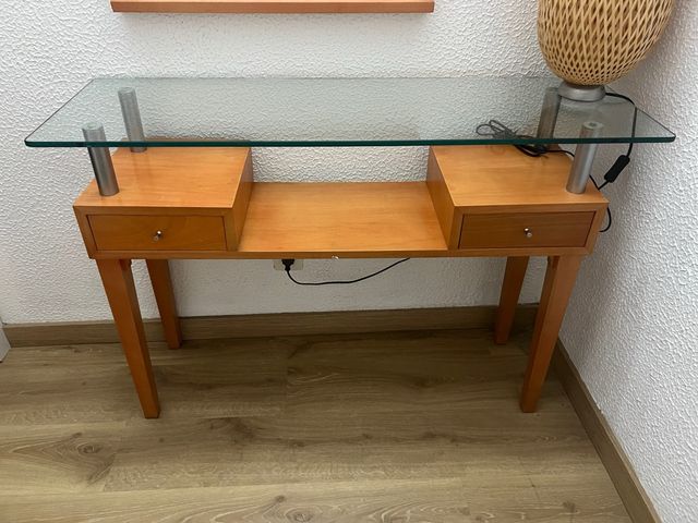 Mesita consola recibidor madera cristal