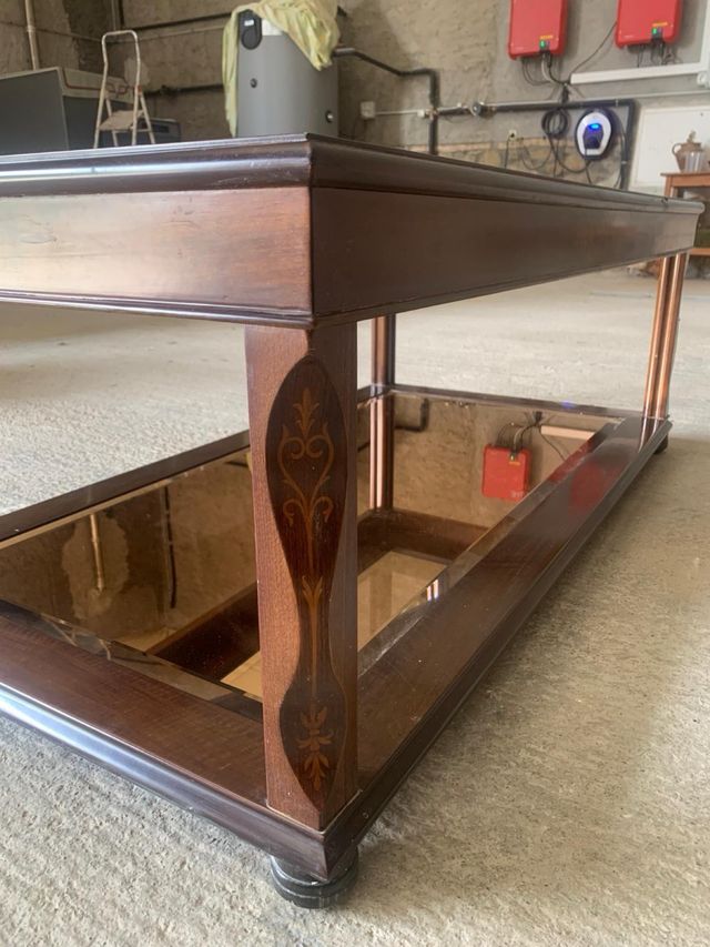 Mesa centro de madera maciza con cristal y espejo