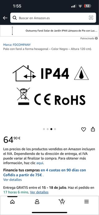 Farol solar jardín Outsunny negro 120cm