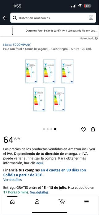 Farol solar jardín Outsunny negro 120cm