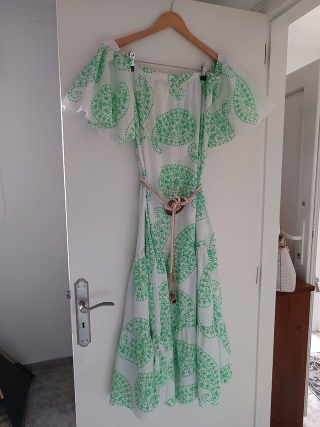 Vestido largo blanco y verde