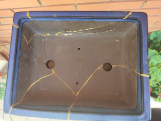 Maceta 28 cm Japón bonsai cerámica azul kintsugi..