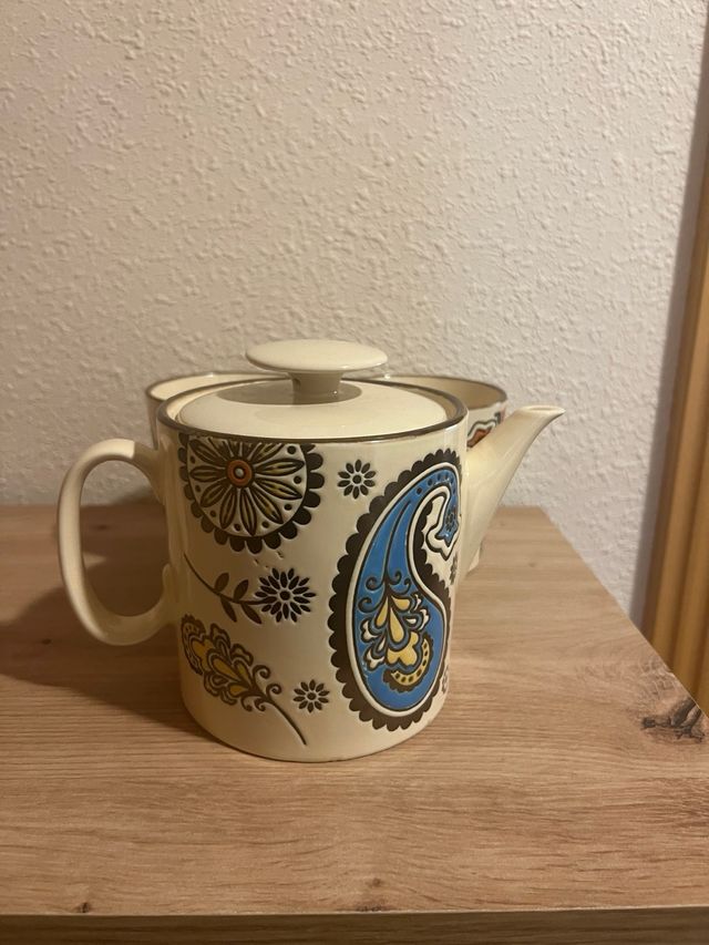 Tetera y 2 tazas - Cerámica, beige y azul